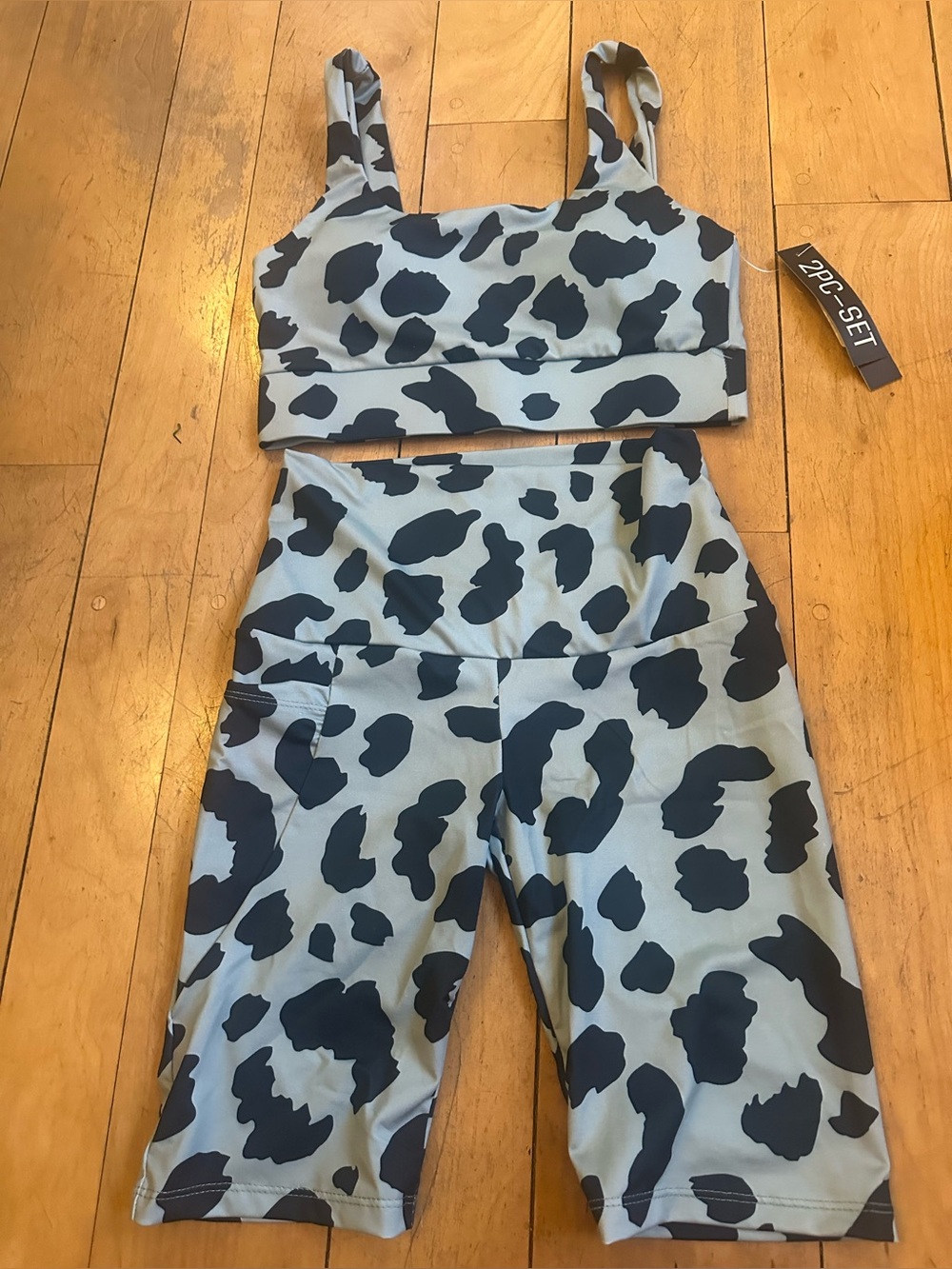Cow-Print Blue Black High-Waist Bike Shorts & Crop Top Set